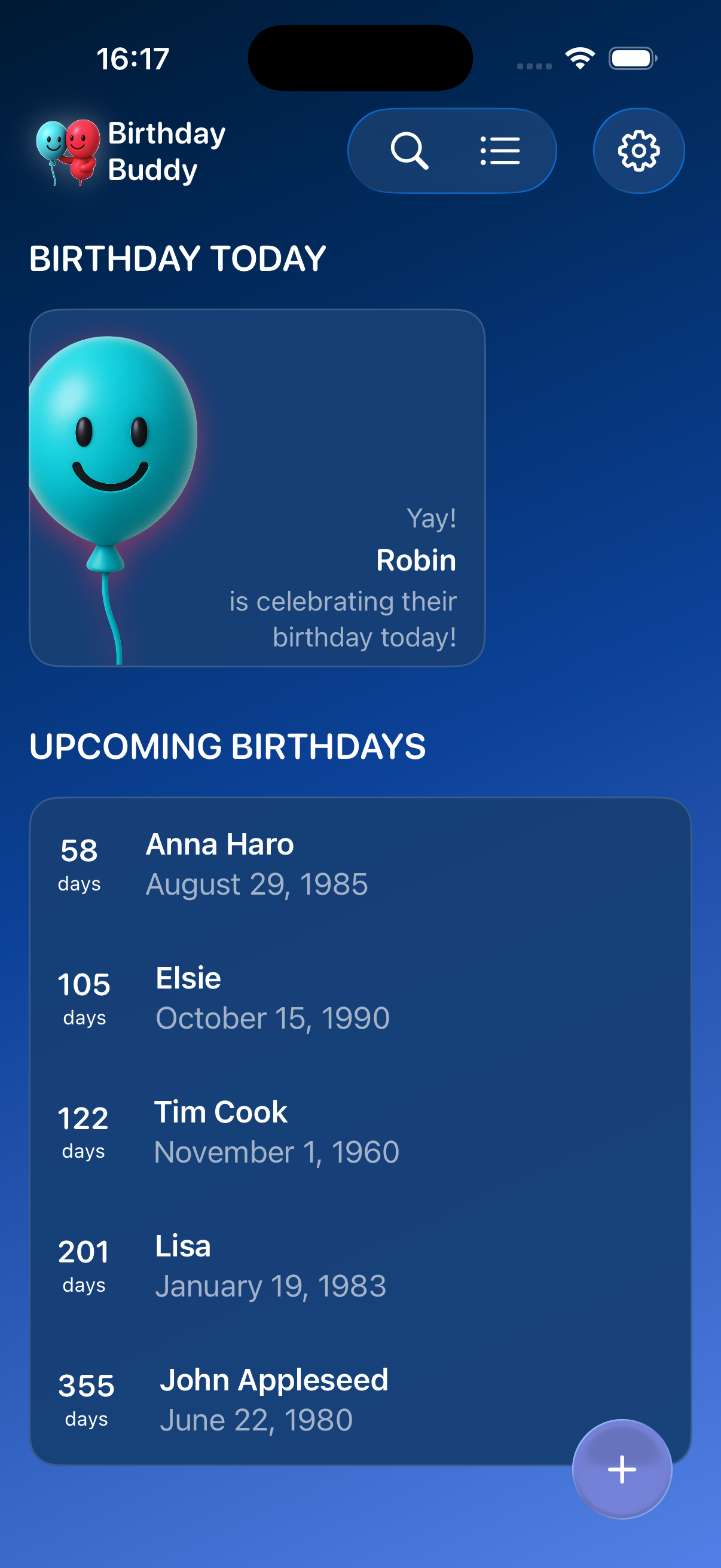 Birthday Buddy list view screenshot